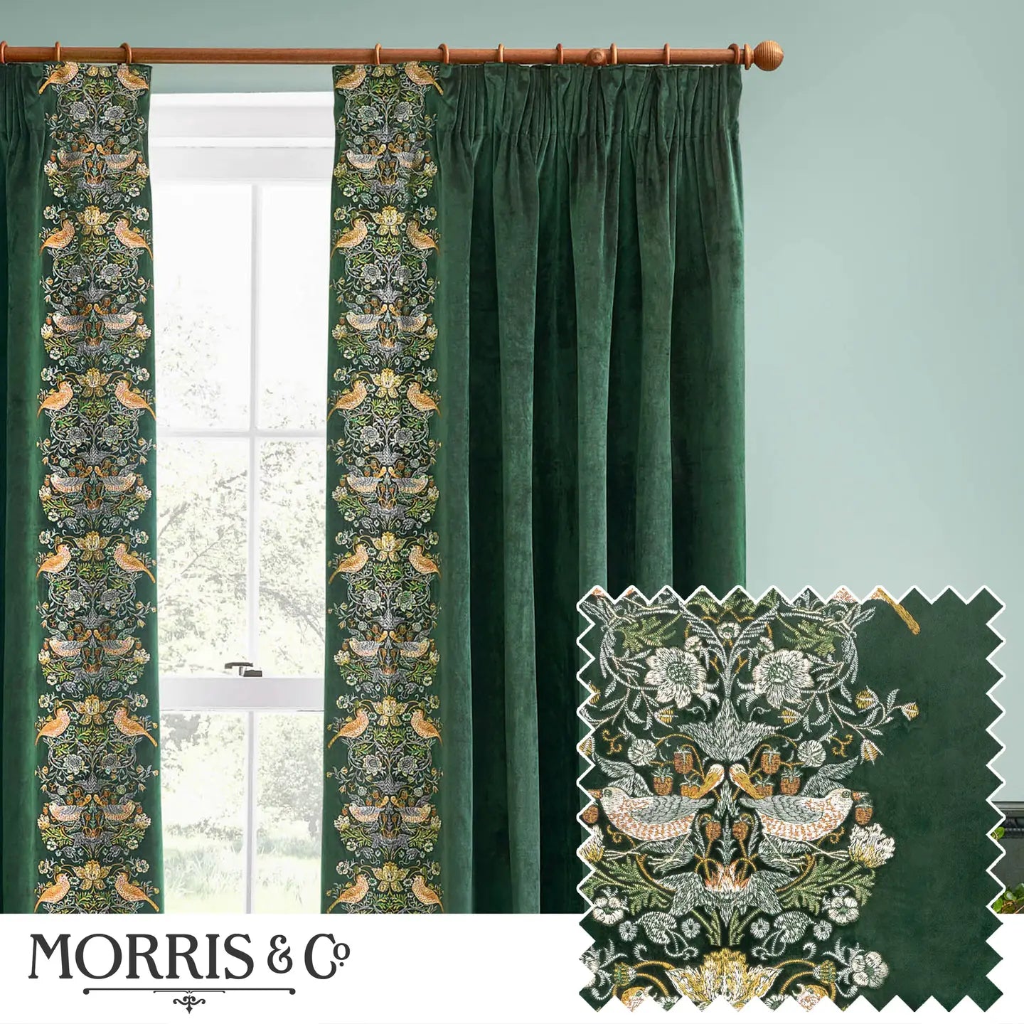 Morris & Co. Strawberry Thief Velvet Pencil Pleat Curtains - Forest Green