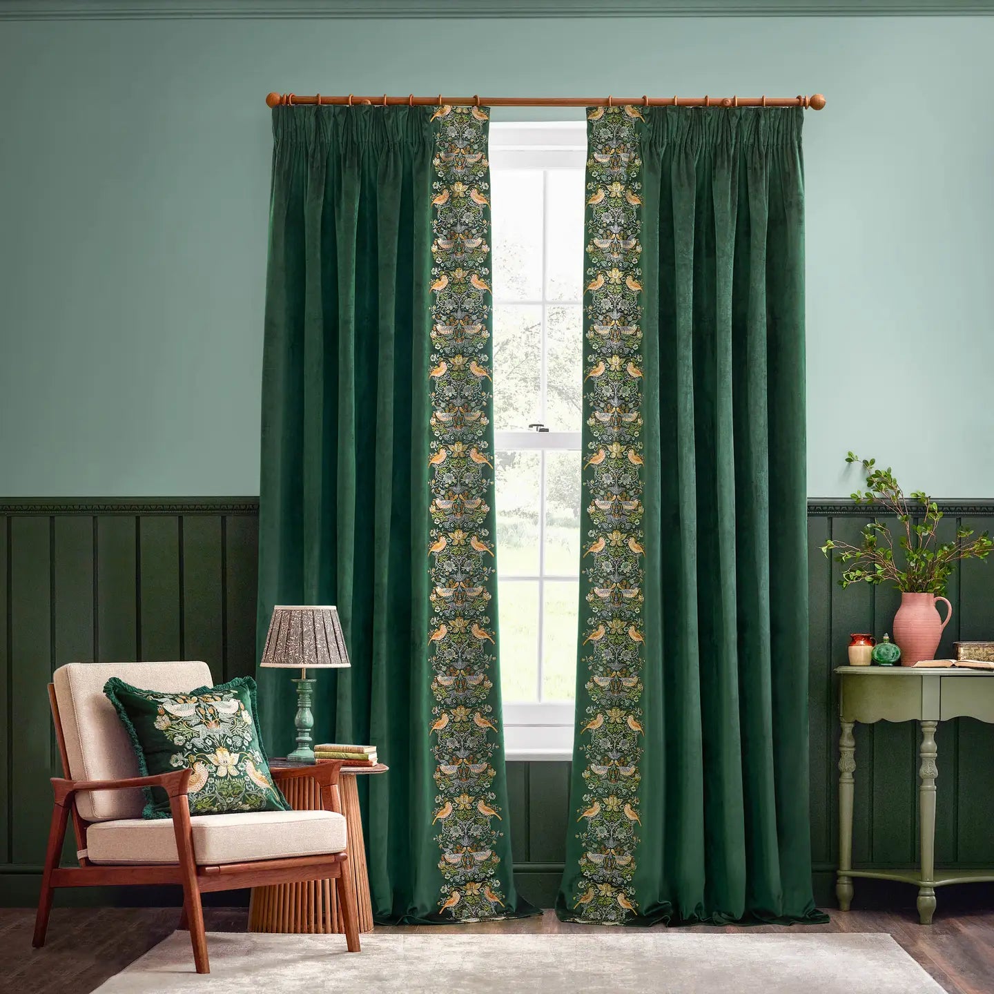 Morris & Co. Strawberry Thief Velvet Pencil Pleat Curtains - Forest Green