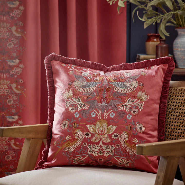 Morris & Co Strawberry Thief Embroidered Velvet Cushion · Colour Berry
