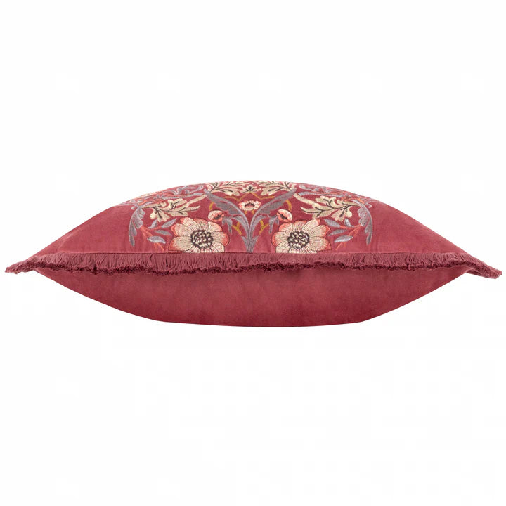 Morris & Co Strawberry Thief Embroidered Velvet Cushion · Colour Berry