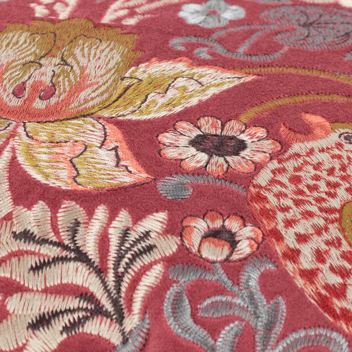 Morris & Co Strawberry Thief Embroidered Velvet Cushion · Colour Berry