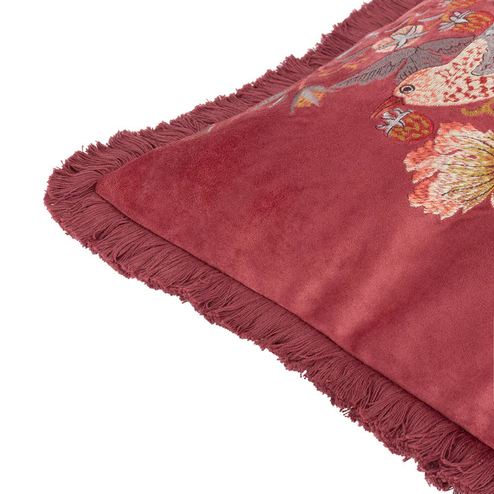 Morris & Co Strawberry Thief Embroidered Velvet Cushion · Colour Berry