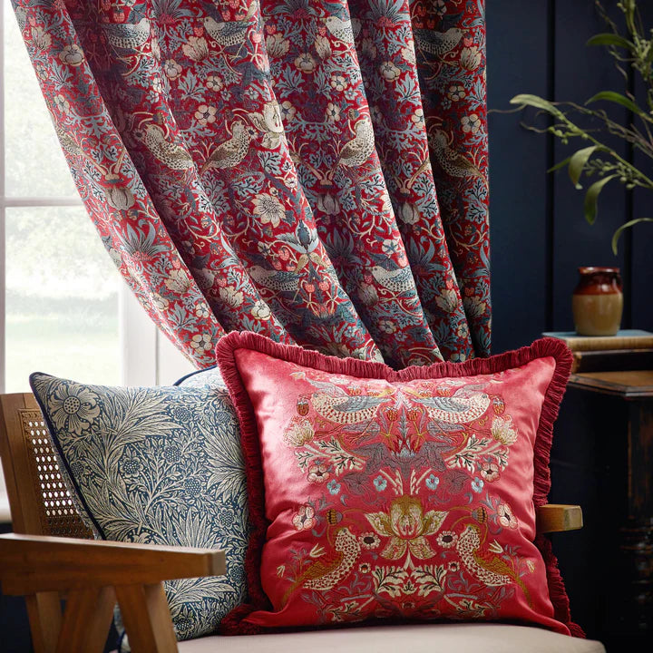Morris & Co Strawberry Thief Embroidered Velvet Cushion · Colour Berry
