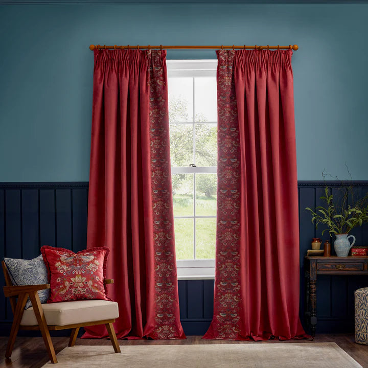 Morris & Co Strawberry Thief Embroidered Velvet Cushion · Colour Berry
