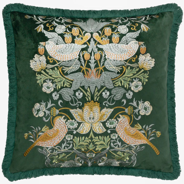 Morris & Co Strawberry Thief Embroidered Velvet Cushion · Colour Forest