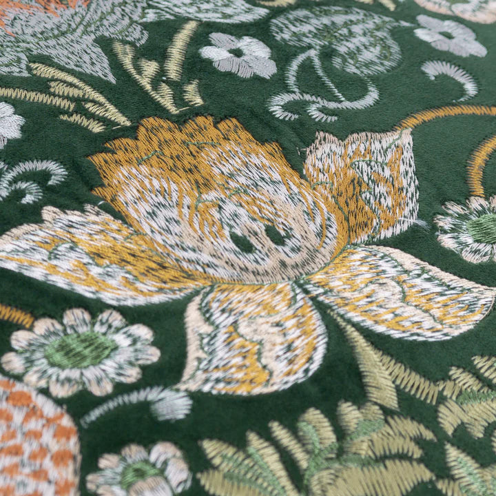 Morris & Co Strawberry Thief Embroidered Velvet Cushion · Colour Forest