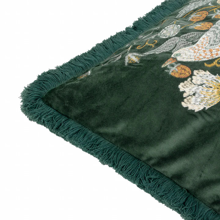 Morris & Co Strawberry Thief Embroidered Velvet Cushion · Colour Forest