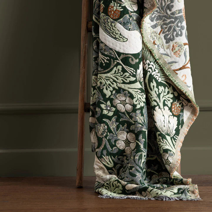 Morris & Co Strawberry Thief Jacquard Throw · Forest