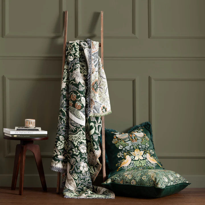 Morris & Co Strawberry Thief Jacquard Throw · Forest
