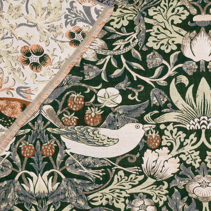 Morris & Co Strawberry Thief Jacquard Throw · Forest