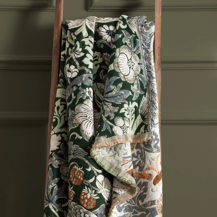 Morris & Co Strawberry Thief Jacquard Throw · Forest