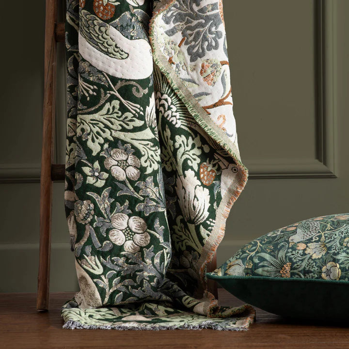 Morris & Co Strawberry Thief Jacquard Throw · Forest