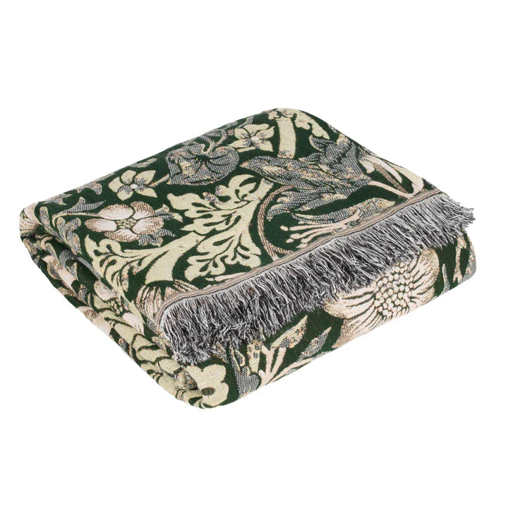 Morris & Co Strawberry Thief Jacquard Throw · Forest