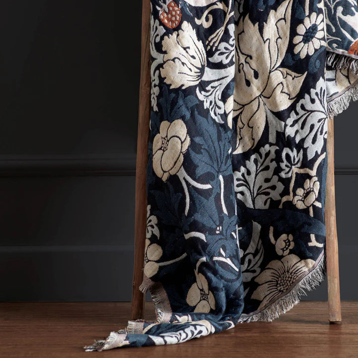 Morris & Co Strawberry Thief Jacquard Throw · Indigo