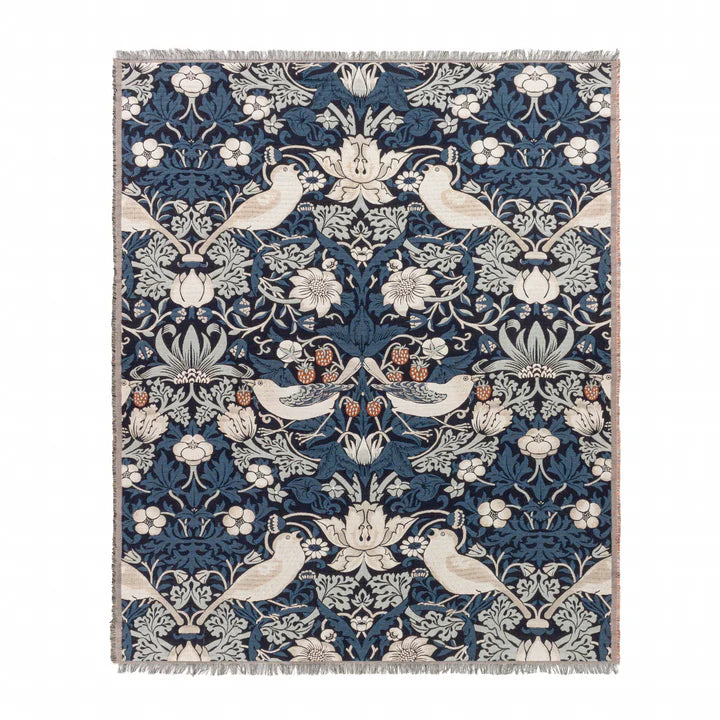 Morris & Co Strawberry Thief Jacquard Throw · Indigo
