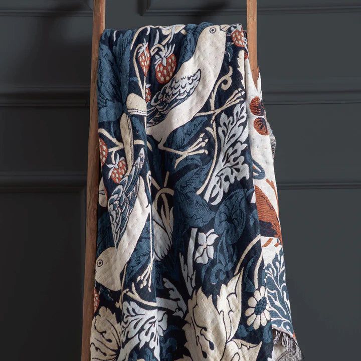 Morris & Co Strawberry Thief Jacquard Throw · Indigo