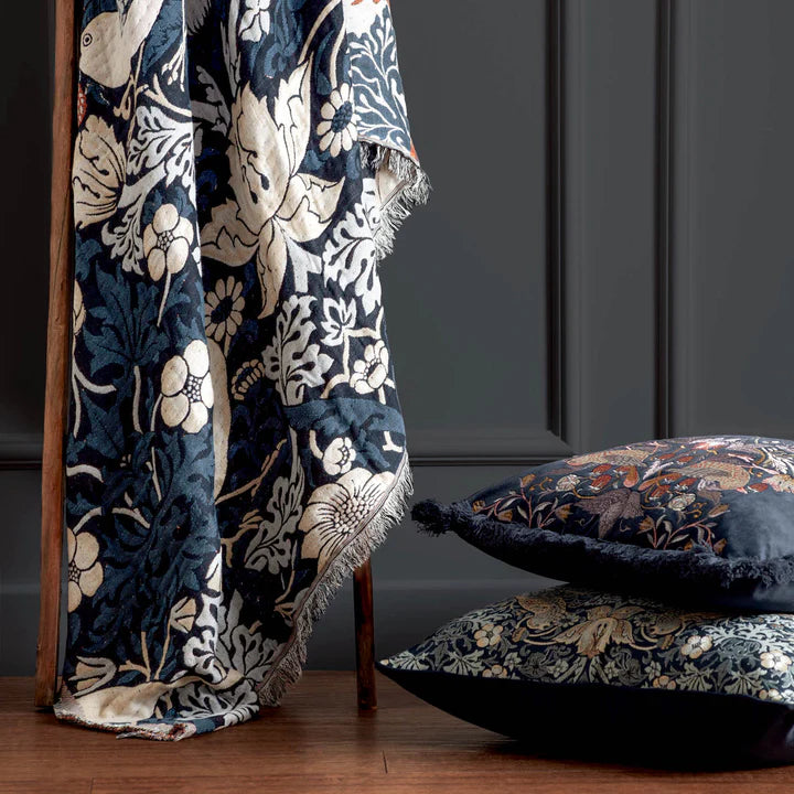 Morris & Co Strawberry Thief Jacquard Throw · Indigo
