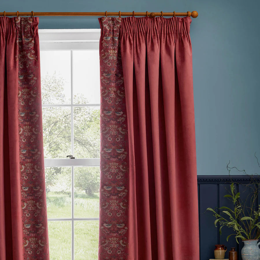 Morris & Co. Strawberry Thief Embroidered Floral Velvet Pencil Pleat Curtains - Berry