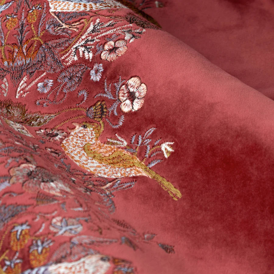 Morris & Co. Strawberry Thief Embroidered Floral Velvet Pencil Pleat Curtains - Berry