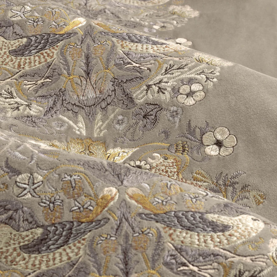 Morris & Co. Strawberry Thief Embroidered Floral Velvet Pencil Pleat Curtains - Biscuit