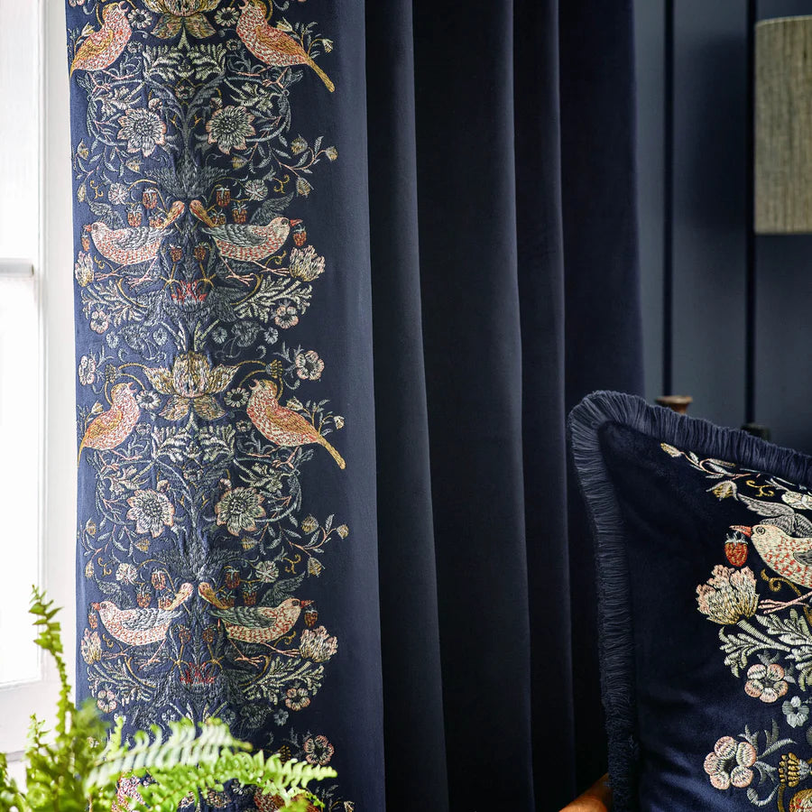 Morris & Co. Strawberry Thief Embroidered Floral Velvet Pencil Pleat Curtains - Indigo