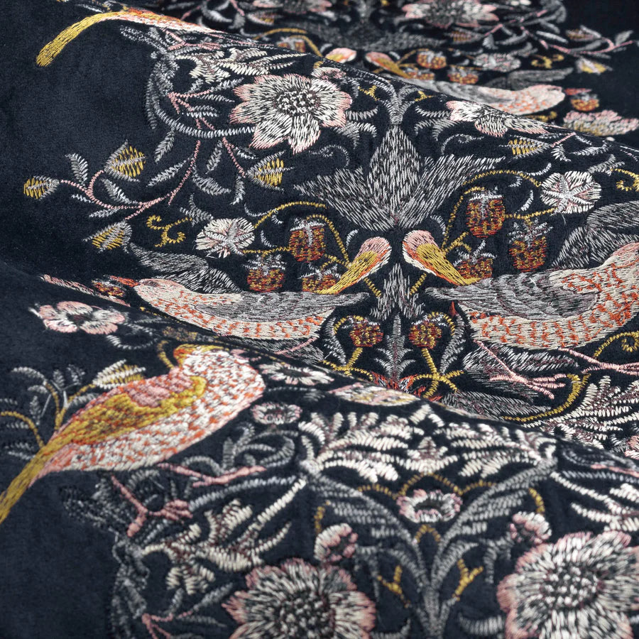 Morris & Co. Strawberry Thief Embroidered Floral Velvet Pencil Pleat Curtains - Indigo
