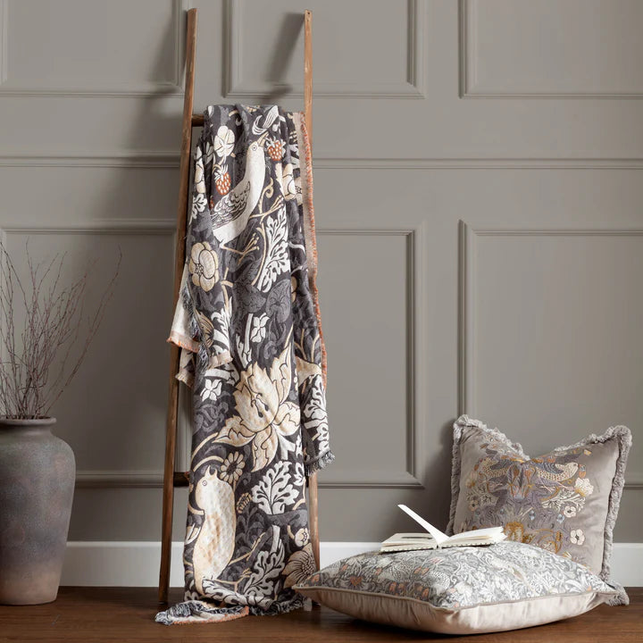 Morris & Co Strawberry Thief Jacquard Throw · Biscuit