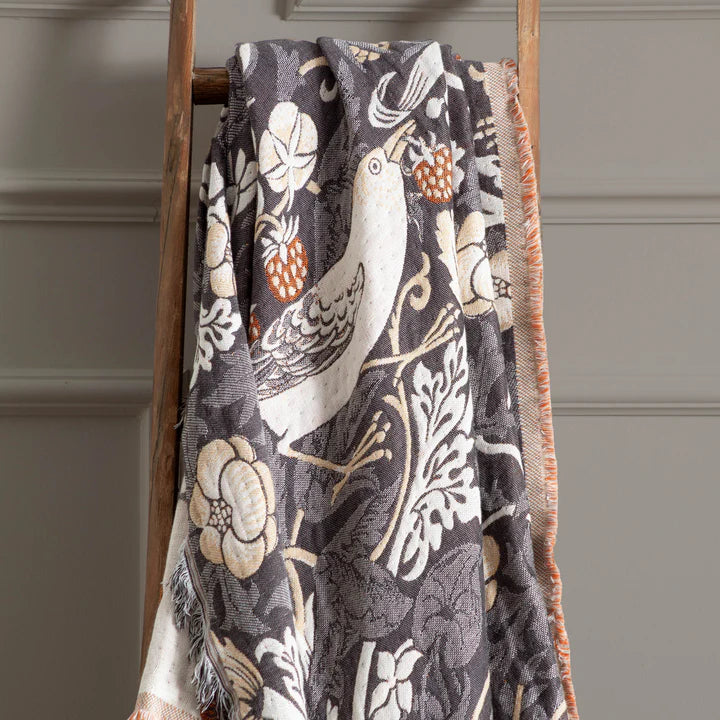 Morris & Co Strawberry Thief Jacquard Throw · Biscuit