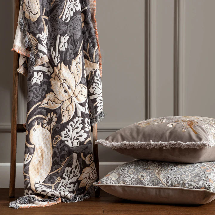 Morris & Co Strawberry Thief Jacquard Throw · Biscuit