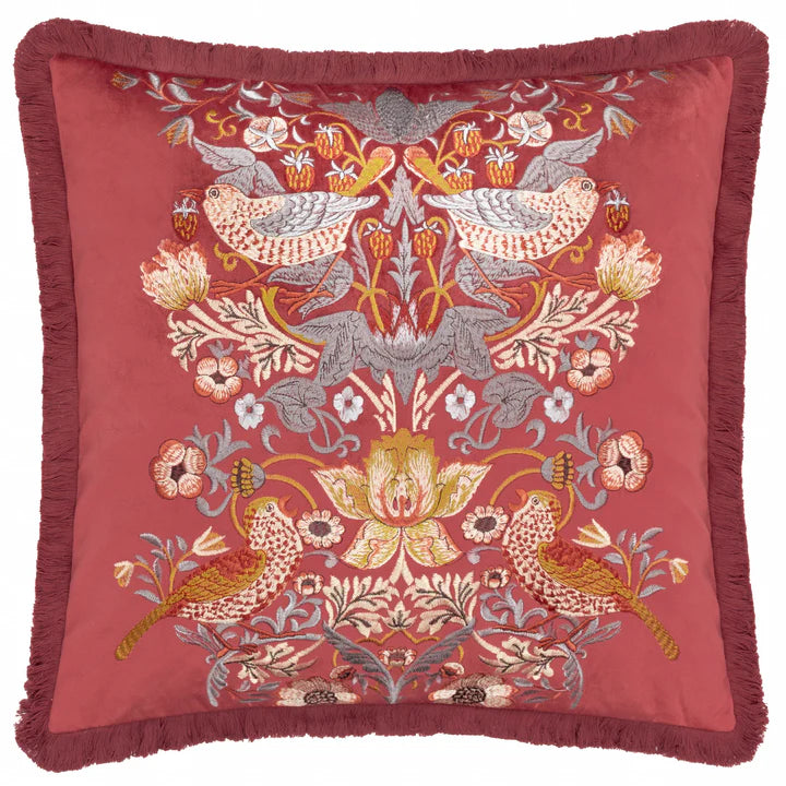Morris & Co Strawberry Thief Embroidered Velvet Cushion · Colour Berry