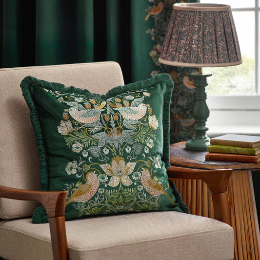 Morris & Co Strawberry Thief Embroidered Velvet Cushion · Colour Forest