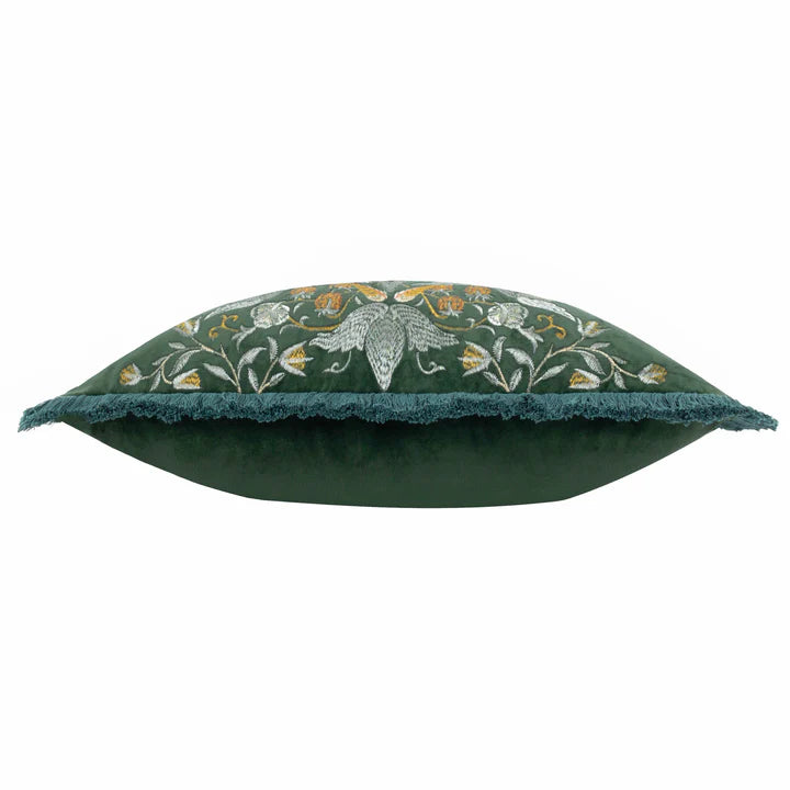 Morris & Co Strawberry Thief Embroidered Velvet Cushion · Colour Forest