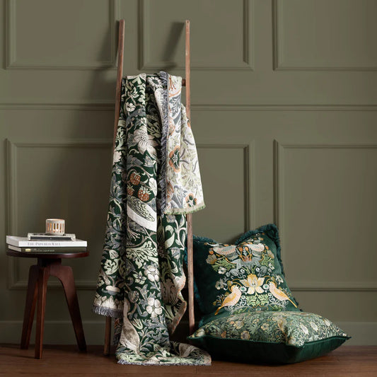 Morris & Co Strawberry Thief Jacquard Throw · Forest