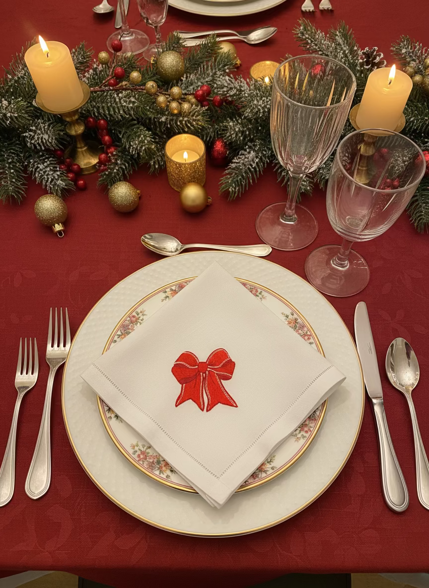 White napkin with a red embroidered bow on a wooden surface