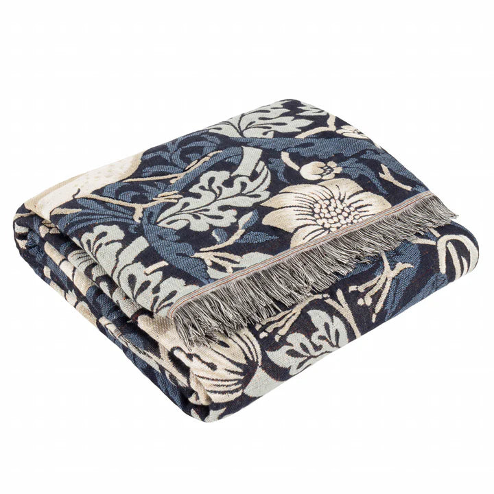 Morris & Co Strawberry Thief Jacquard Throw · Indigo