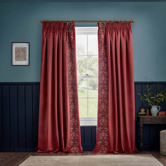 Morris & Co. Strawberry Thief Embroidered Floral Velvet Pencil Pleat Curtains - Berry