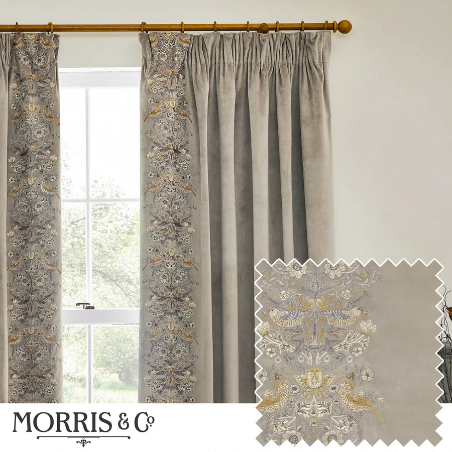 Morris & Co. Strawberry Thief Embroidered Floral Velvet Pencil Pleat Curtains - Biscuit