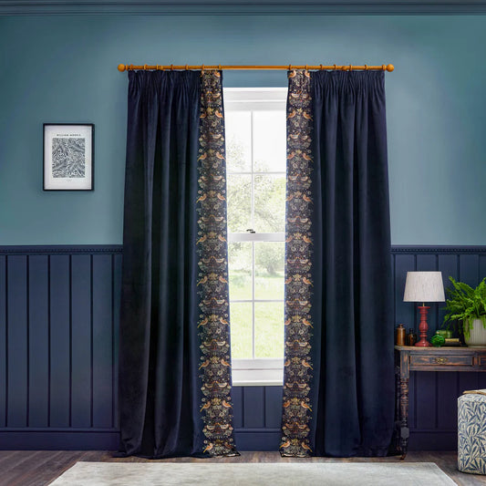 Morris & Co. Strawberry Thief Embroidered Floral Velvet Pencil Pleat Curtains - Indigo