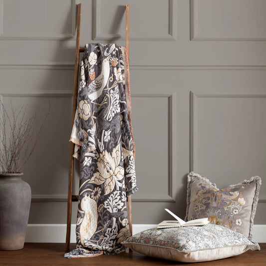 Morris & Co Strawberry Thief Jacquard Throw · Biscuit